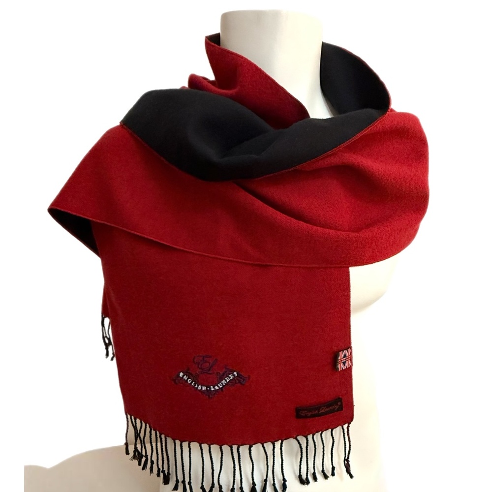 English Laundry Red & Black Reversible Wool Scarf w/ Embroidery – British Style